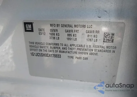 2012 Chevrolet Sonic 2Lt из США, поврежденный, VIN 1G1JC5SH0C4178833